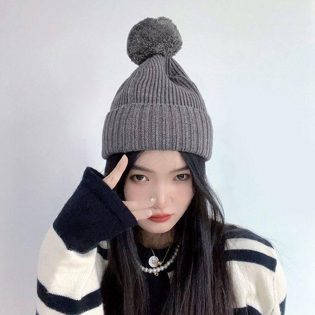 폼폼 방울 니트 비니 그레이 방울모자 방한 모자