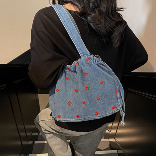 여성 플라워 자수 데님 청 숄더백 토트백 2컬러