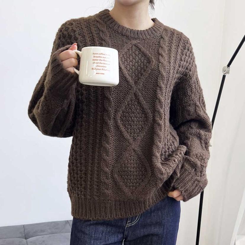 여자 오버핏 꽈배기 니트 긴팔 스웨터 라운드넥