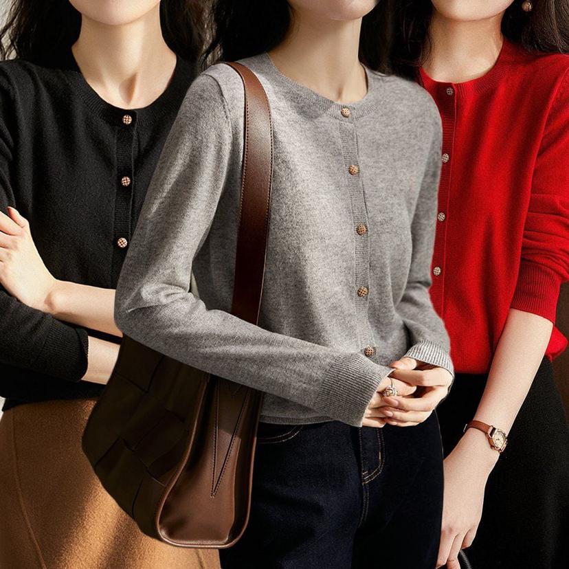 여성 무지 라운드넥 단추 가디건 - 봄 가을 데일리 아우터