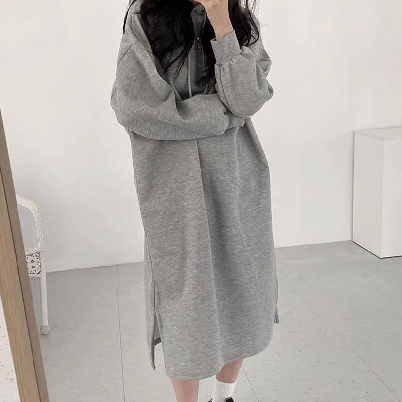 여성 기모 롱 후드 원피스 - 밑트임 캐주얼 나들이룩