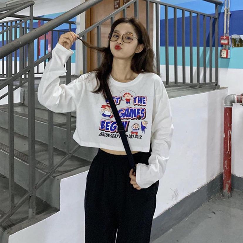 러블리 캐릭터 크롭 긴팔 티셔츠 여성 캐주얼 상의