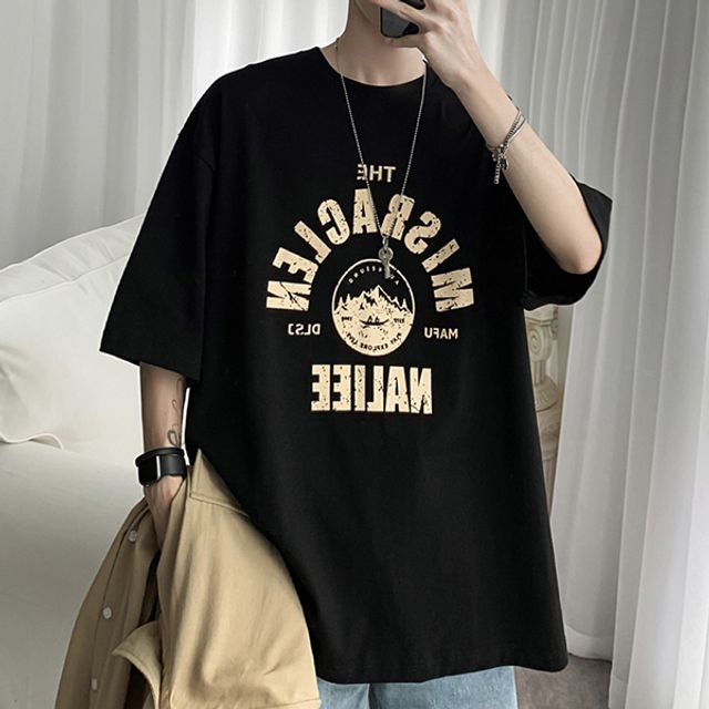 남성 루즈핏 라운드 프린팅 반팔 티셔츠 베이직룩