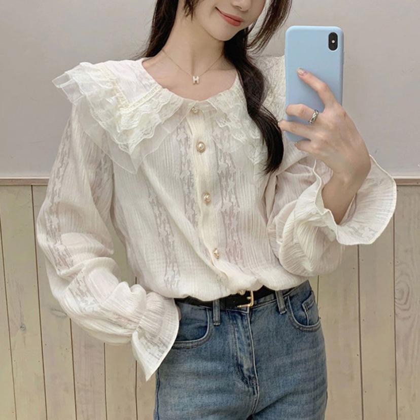 이중 프릴 카라 자수 진주 버튼 블라우스 여친룩