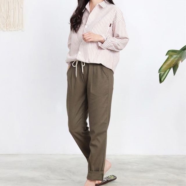 여성 린넨 밴딩 슬렉스 카키 데일리 팬츠 편안한 여름 바지