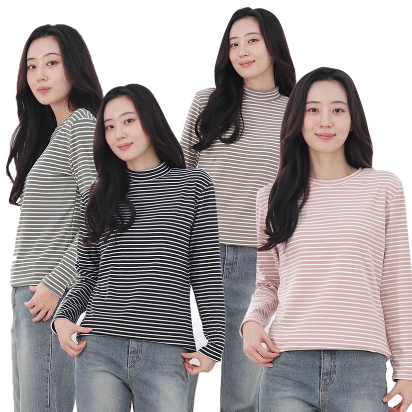 여성 양면 기모 스트라이프 반목 티셔츠 - 단가라 티