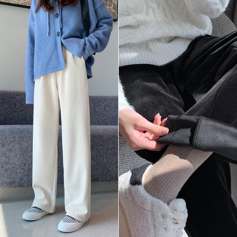 여성 벨로아 와이드 기모 팬츠 - 겨울 골지 밴딩 바지