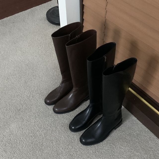 옆지퍼 둥근코 롱부츠 여성 가죽부츠 편안한 착화감
