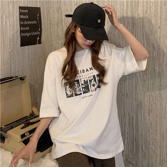 포토 그래픽 오버핏 반팔 티셔츠 여성 빈티지 프린팅 루즈핏 스트릿 박스티