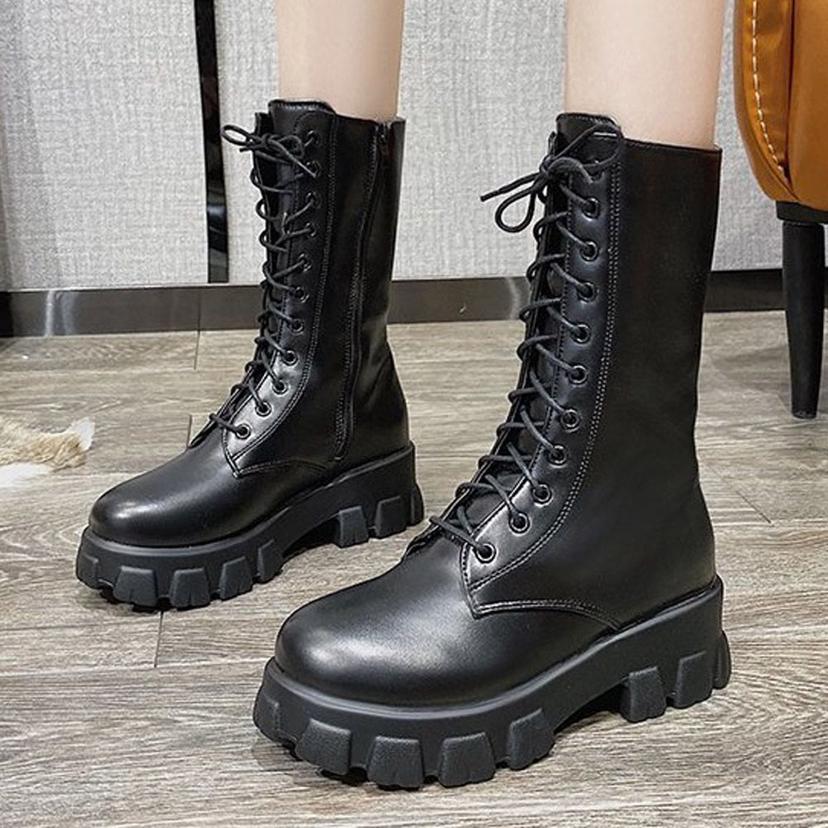 여성 레이스업 미들 끈 워커 6cm - 키높이 숏 워커 부츠