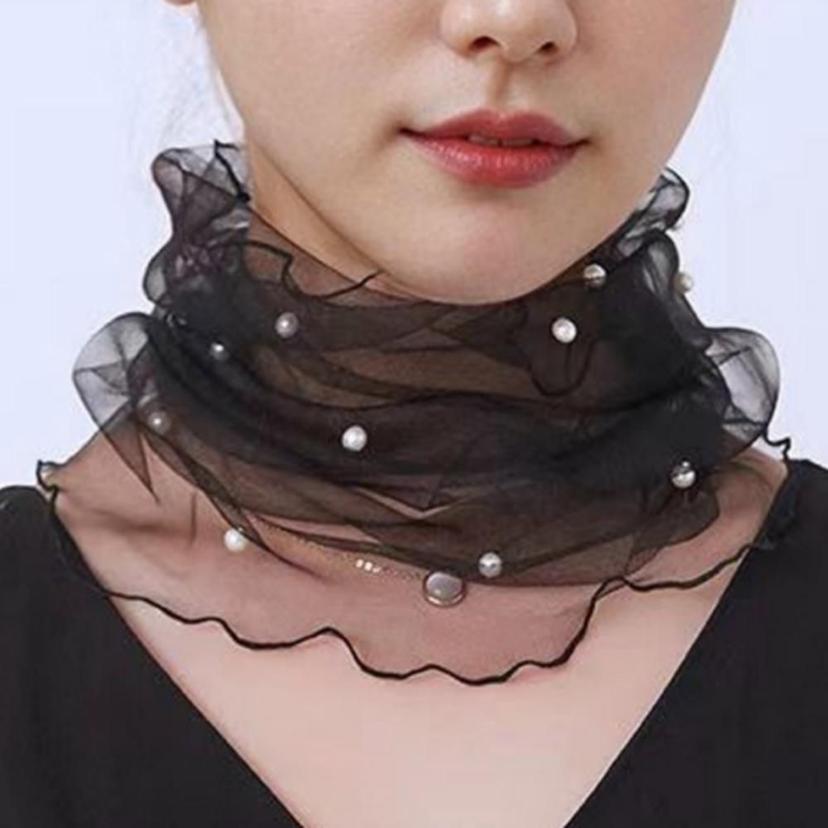 여성 시스루 진주 망사 넥워머 - 목주름 가리개 스카프