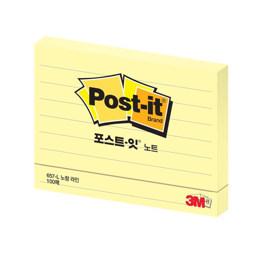 3M 메모지 포스트잇 657-L 노랑 라인 100장 점착식