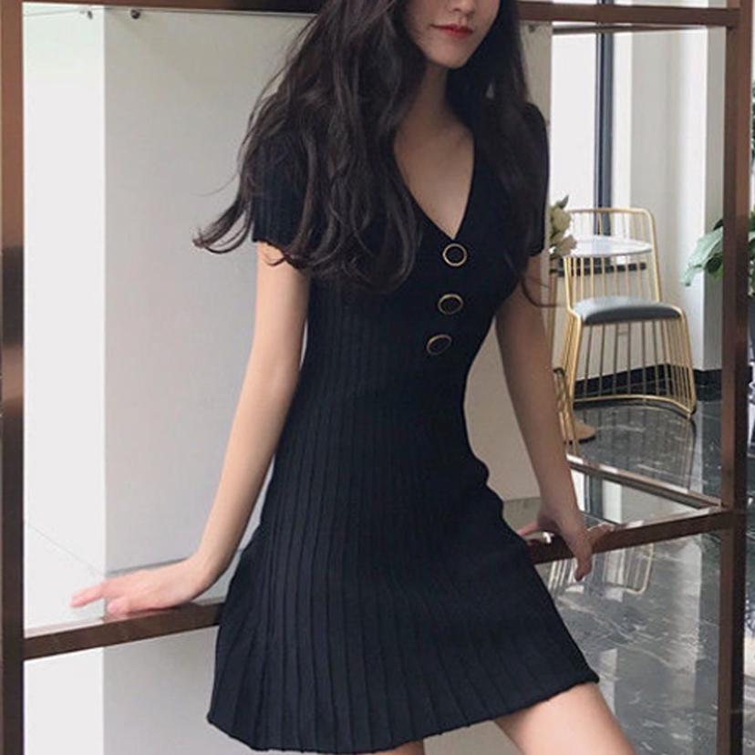 브이넥 버튼 숏 원피스 A라인 반팔 스판 원피스