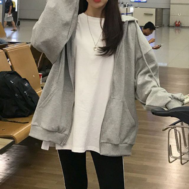 여성 2컬러 무지 루즈핏 간절기 후드 집업 점바