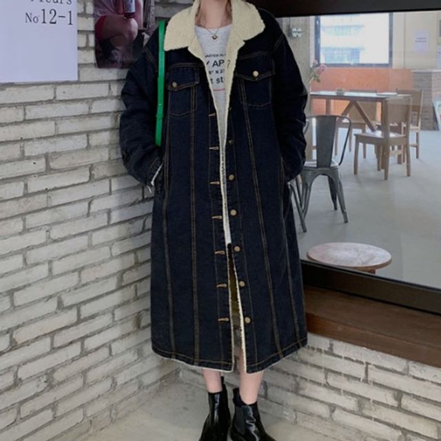 따뜻한 패션 안감 양털 소재 롱 데님 재킷 아우터