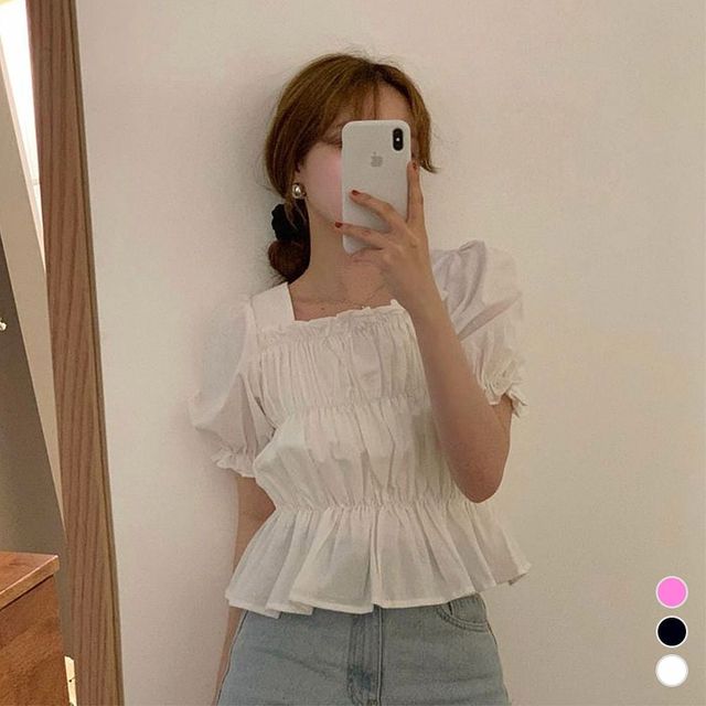 여성 스퀘어넥 셔링 스모크 밴딩 반팔 블라우스 3색