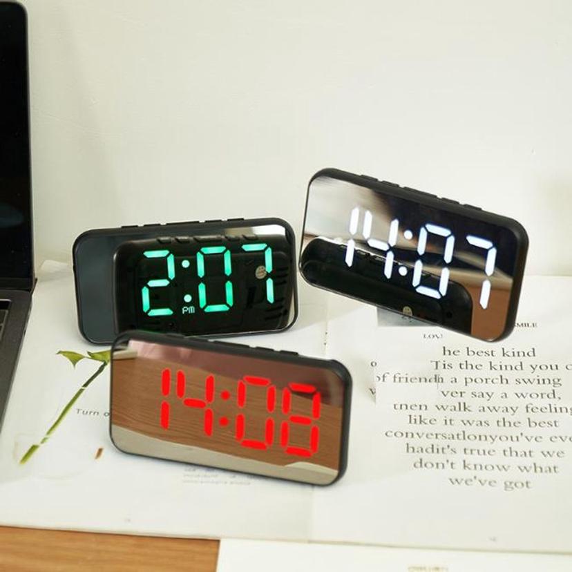 무소음 LED 탁상시계, 거울 알람 온도 표시 심플 시계