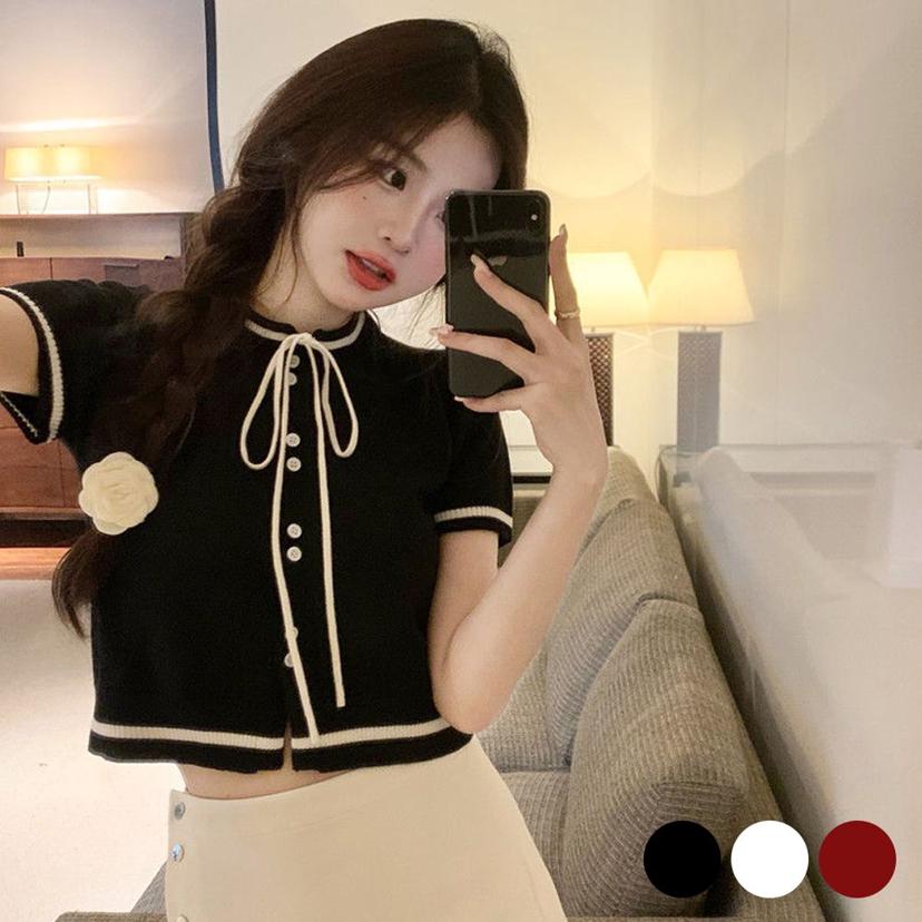넥리본 반크롭 니트 가디건 여성 데일리 상의
