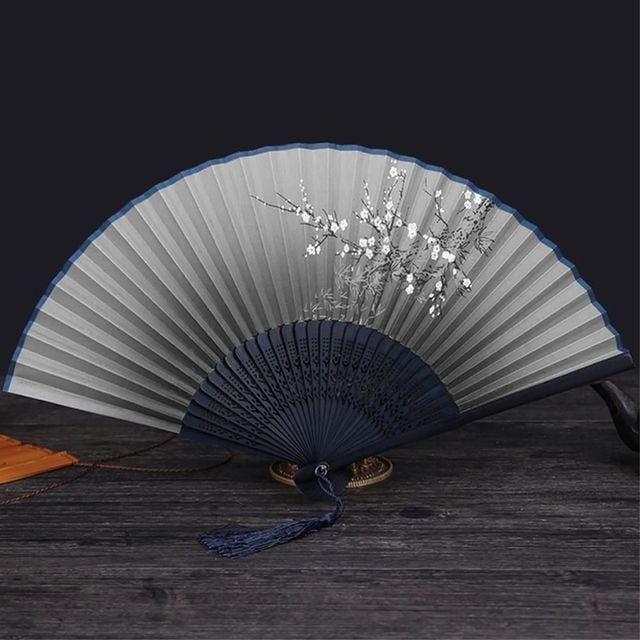 전통 접이식 대나무 부채 블루 38cm 매화꽃