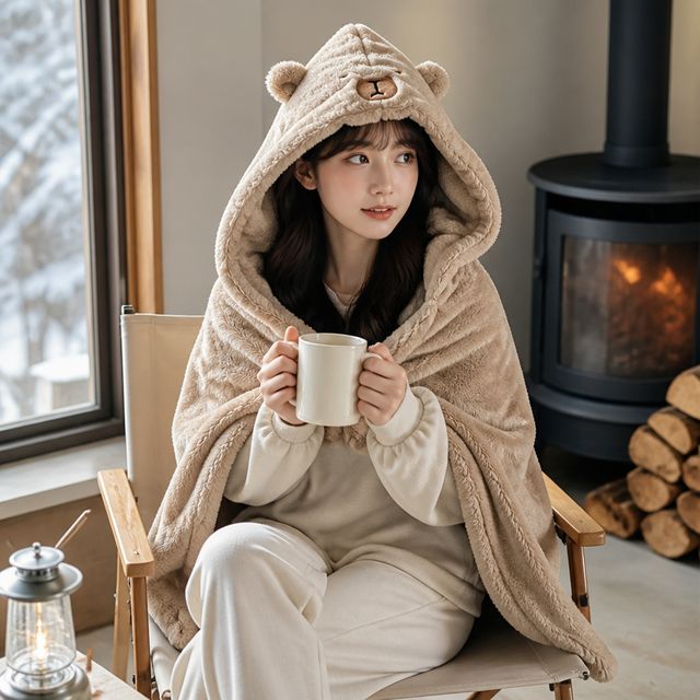베어 후드 숄 극세사 보온 겨울 사무실 캠핑 선물용 방한 - 이미지 1