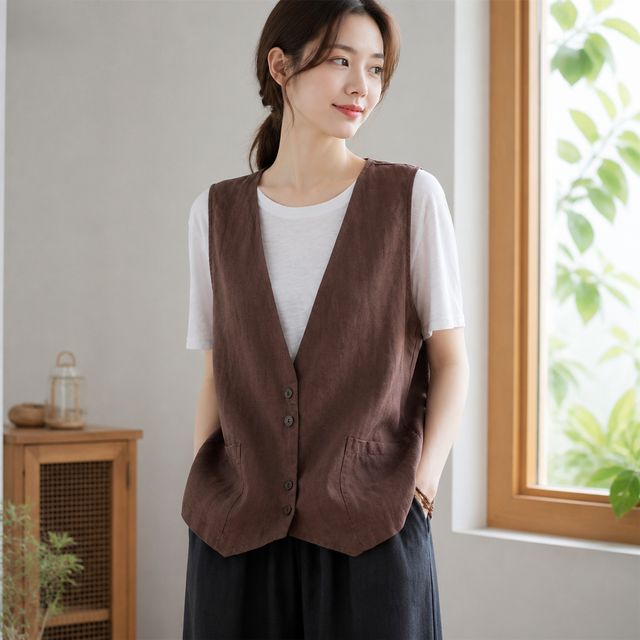 여성 루즈핏 린넨 더블 버튼 조끼 봄 여름 가을 아우터 잠바 무지 겉옷 - 이미지 1
