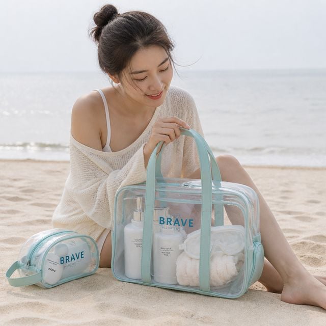 브레이브 4컬러 PVC 비치백 방수 투명 쇼퍼백 숄더 토트 가방 파우치 여름 여행룩