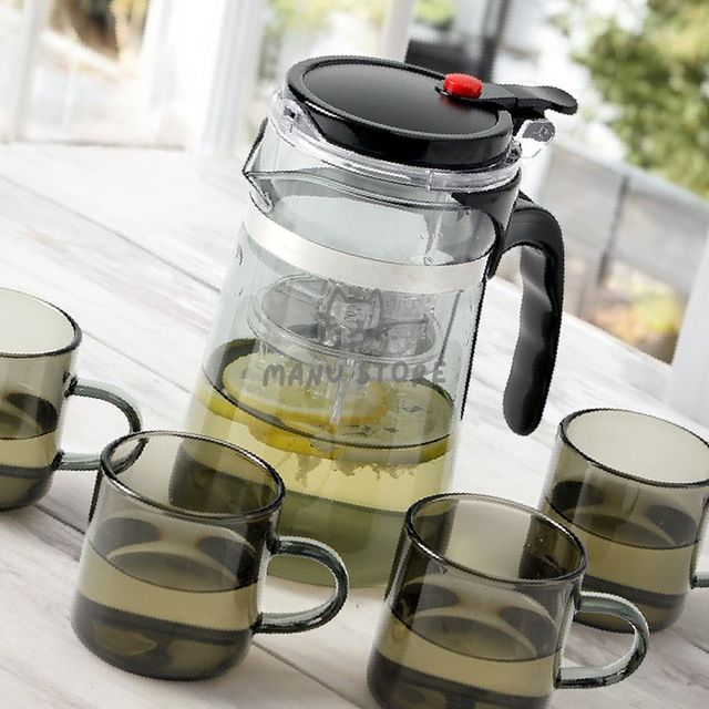 거름망주전자 차주전자 드롭 차포트 찻잔세트 700ml 4인 투명블랙