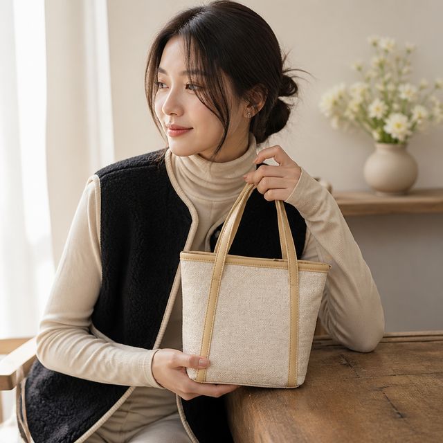 베이지 패브릭 미니 손가방 캔버스 핸드백