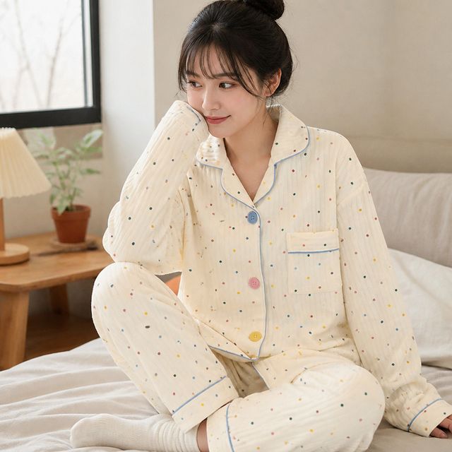 홈웨어 파자마 구슬 누빔 잠옷 여자 상하복 - 이미지 1