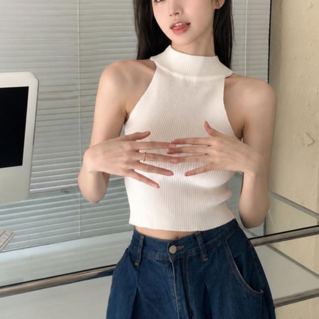 여성 여름 슬림핏 골지 홀터넥 민소매 나시 3컬러