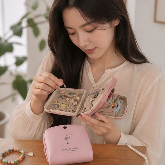 미니 파우치 반지 귀걸이 목걸이 팔찌 주얼리 악세사리 보관함 휴대용 정리백 로즈 - 이미지 1