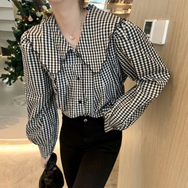 빅카라 체크 패턴 루즈핏 블라우스 여성 데일리 셔츠