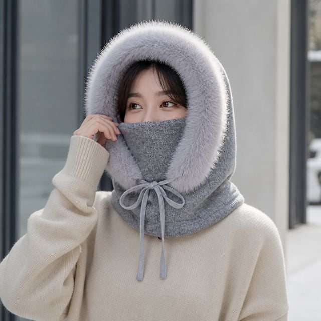 퍼 바라클라바 털모자 여성 겨울 후드 워머 방한 목도리 벙거지 엣지 스트링 모자 - 이미지 1