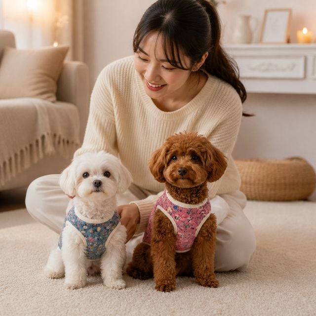 강아지 플리스 점퍼 반려견 플라워 패턴 조끼 반려동물 꽃무늬 방한복 - 이미지 1