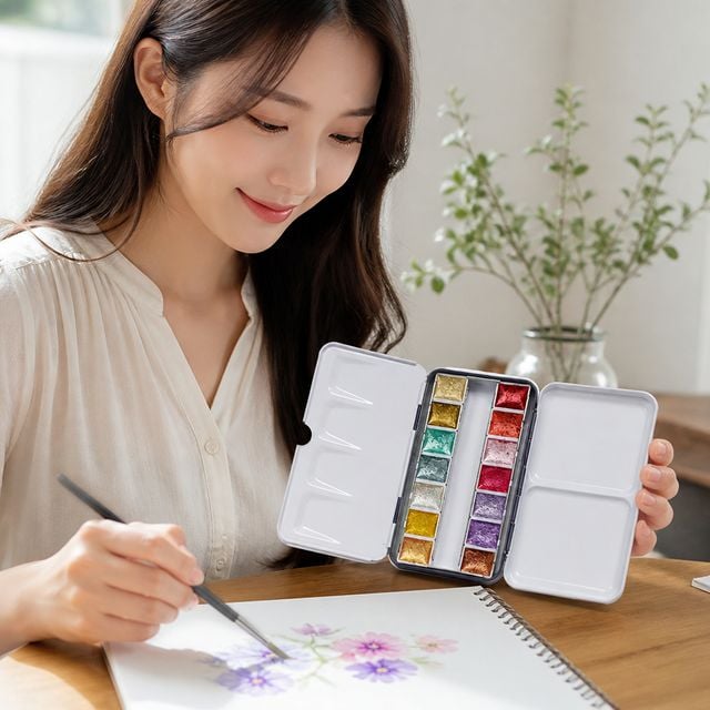 고체 수채화물감 12색 팔레트 미술용 그림 도구 여행용 휴대용 화방용품