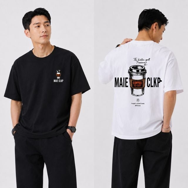 커피 레터링 백프린팅 캐주얼 반팔 면 티셔츠