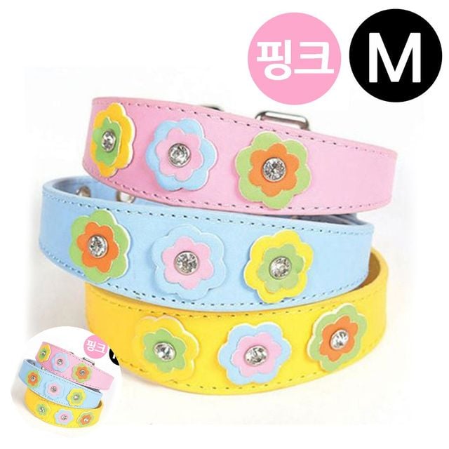 반려견목줄 애견목줄 샤이니 플라워 가죽목줄 핑크 M 강아지 목줄