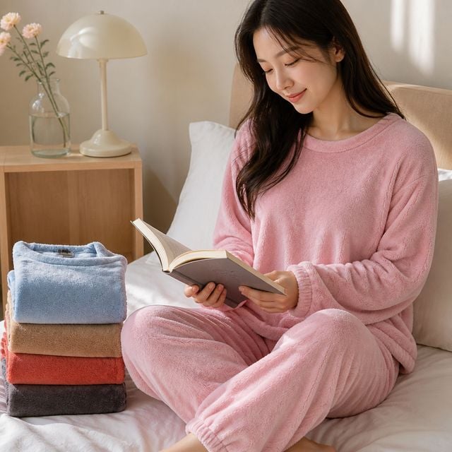 극세사 겨울 파자마 상하의 홈웨어 여자 수면바지 라운지웨어 - 이미지 1