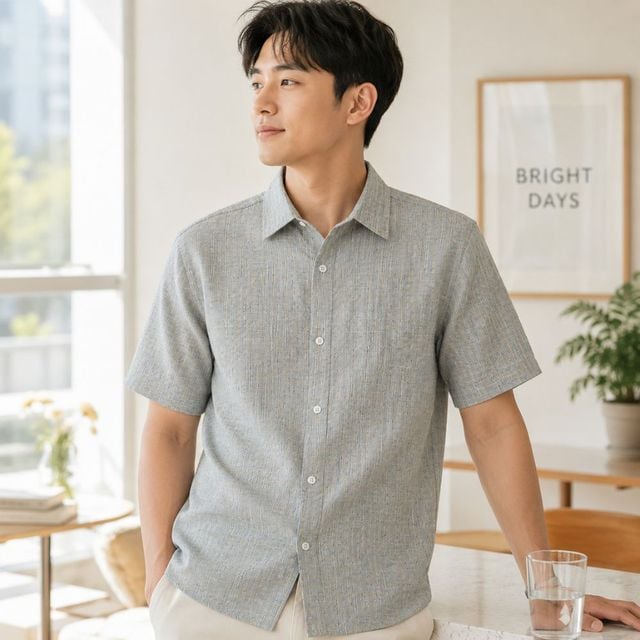 남성 시어서커 그린체크무늬 반팔셔츠 SQ-1010087